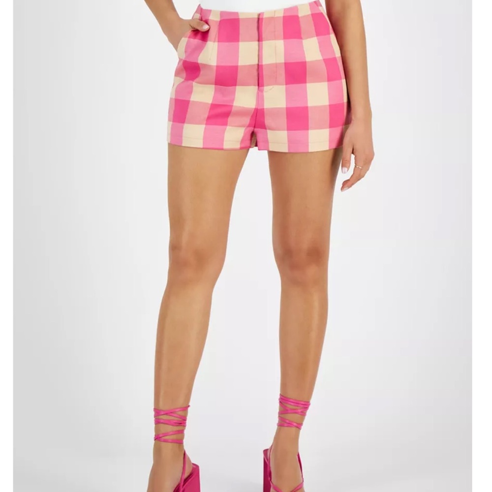 Avec Les Filles Pink and Cream Plaid Tailored Shorts